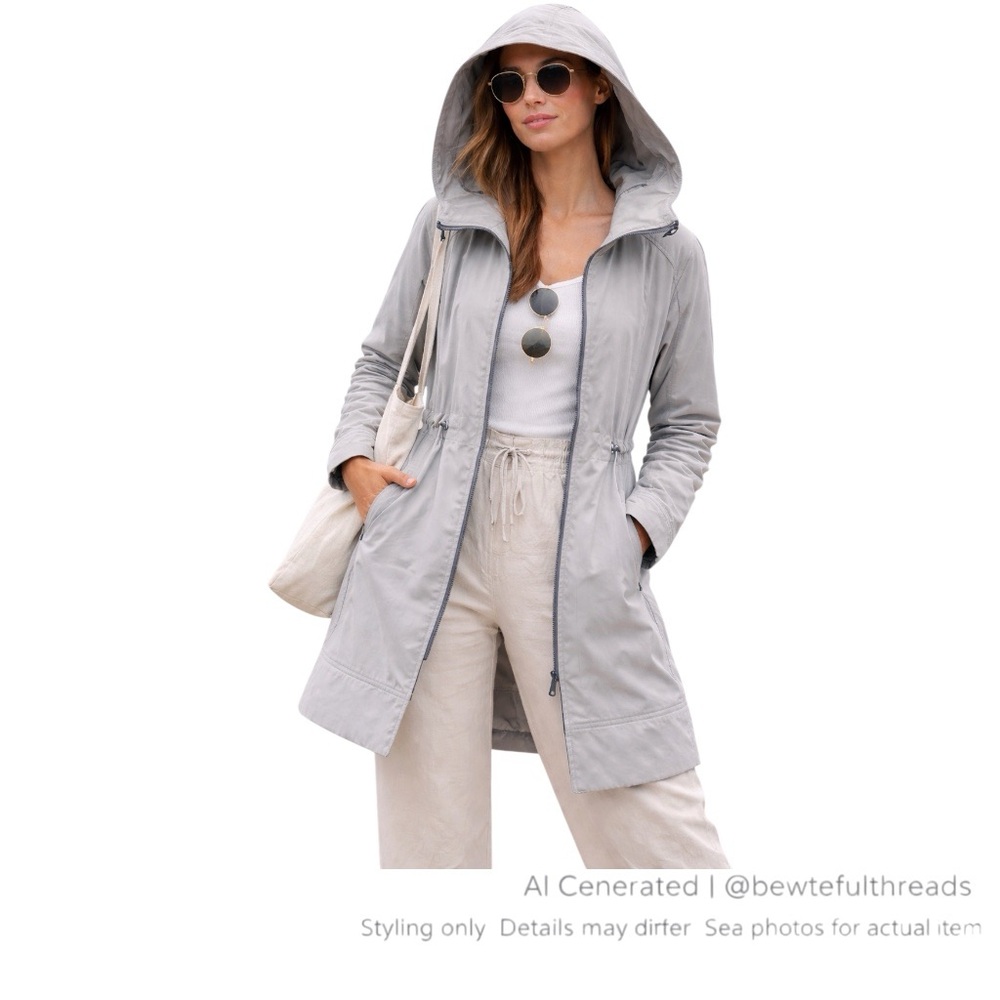 Coastal Minimalist Longline Hooded Jacket Sz 6 Light Gray Cinch Waist